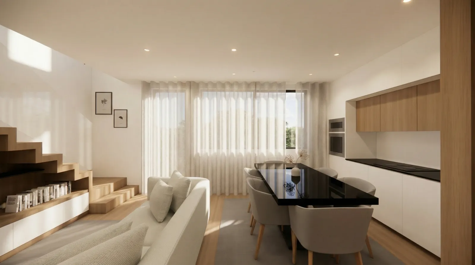 Cozinha open-space com bancada e zona de refeições